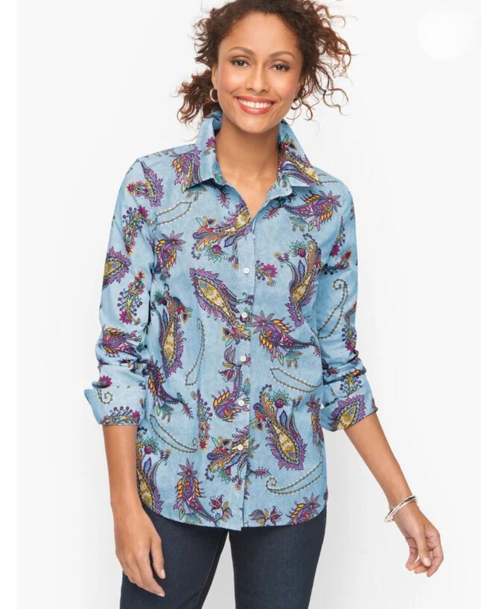 Talbots Women's Blue Multi Cotton Button Down Paisley Shirt Plus Size 1X